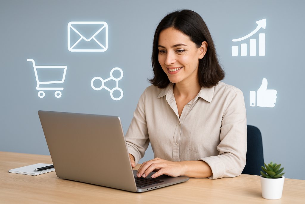 Mujer trabajando con tecnología digital de BlackHold Consulting