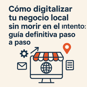 Guía paso a paso para digitalizar tu negocio local: imagen con ordenador, iconos de mapa, email y engranaje representando herramientas digitales