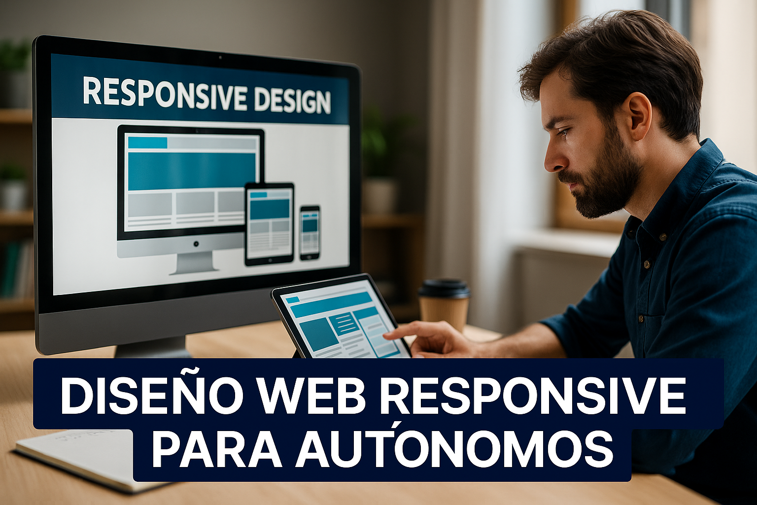 Diseño web responsive para autónomos: cómo destacar en cualquier dispositivo Autónomo trabajando en diseño web desde su portátil, rodeado de pantallas y elementos digitales, representando una web responsive profesional para captar clientes.