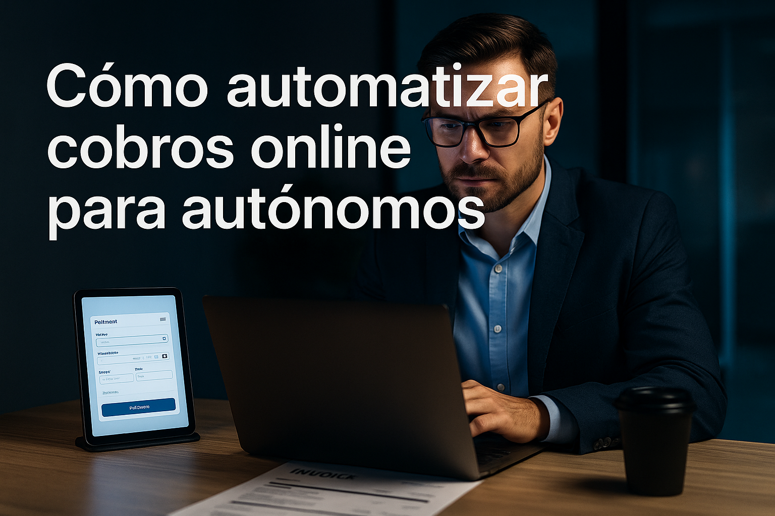 Cómo automatizar cobros online para autónomos: guía definitiva paso a paso Autónomo profesional revisando sus cobros online en el portátil, con gráficos financieros y entorno de trabajo moderno, simbolizando automatización y eficiencia
