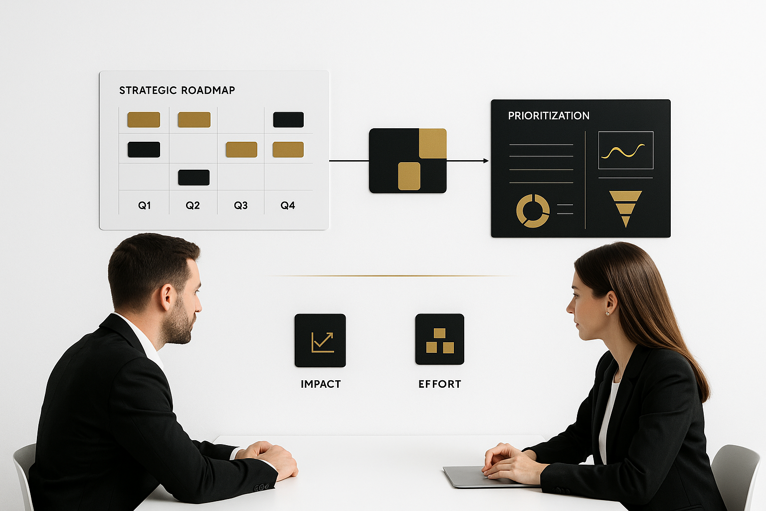 Consultoría Estratégica Roadmap estratégico con matriz de priorización y panel de KPIs en estilo minimalista blanco/negro/dorado