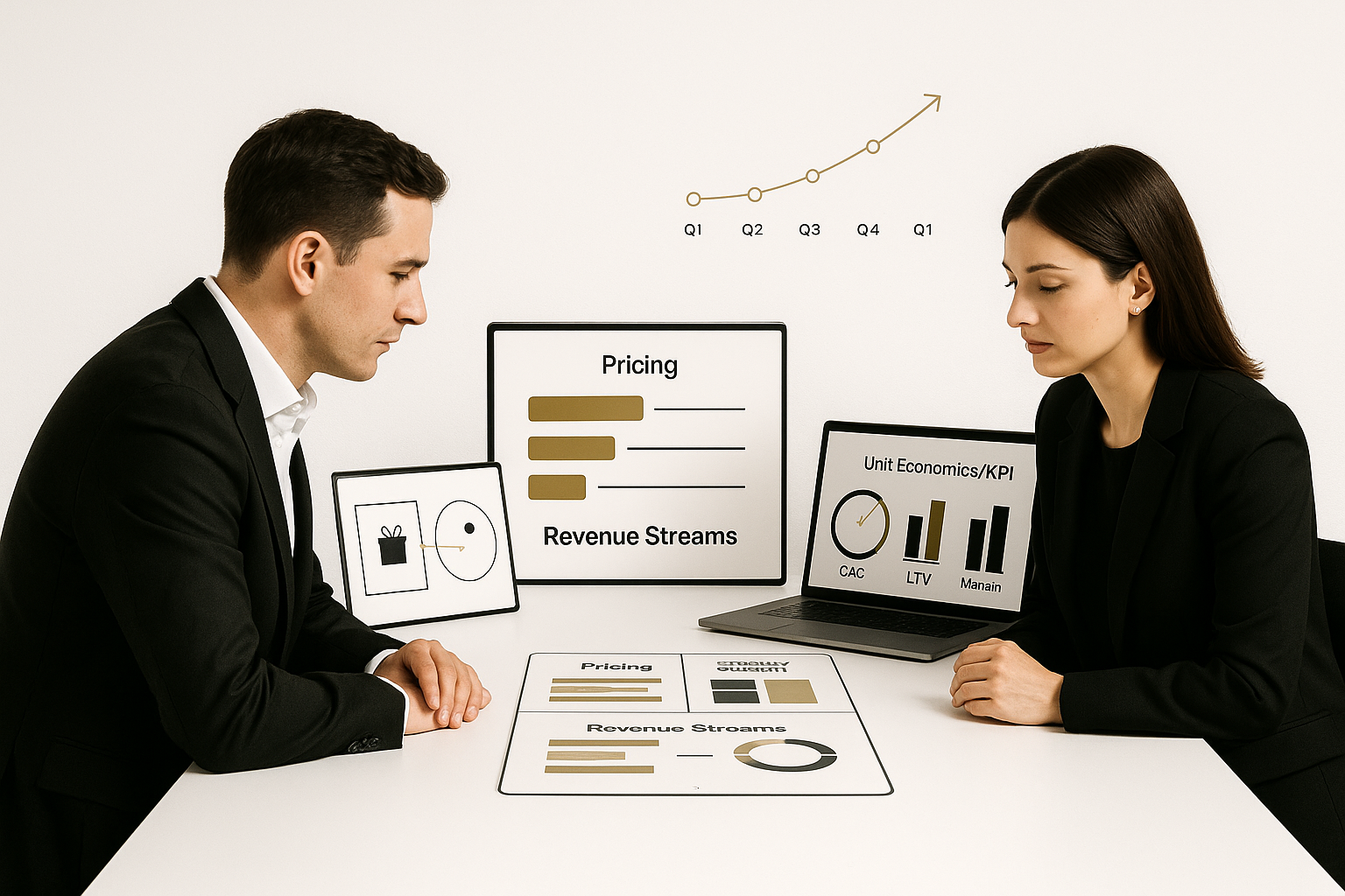 modelos negocio Concepto minimalista de diseño y validación de modelos de negocio con roadmap, pricing y KPIs.