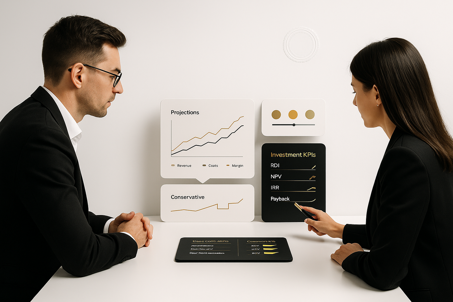 Planes de viabilidad Plan de viabilidad con proyecciones, escenarios y KPIs de inversión en estilo minimalista blanco/negro/dorado.