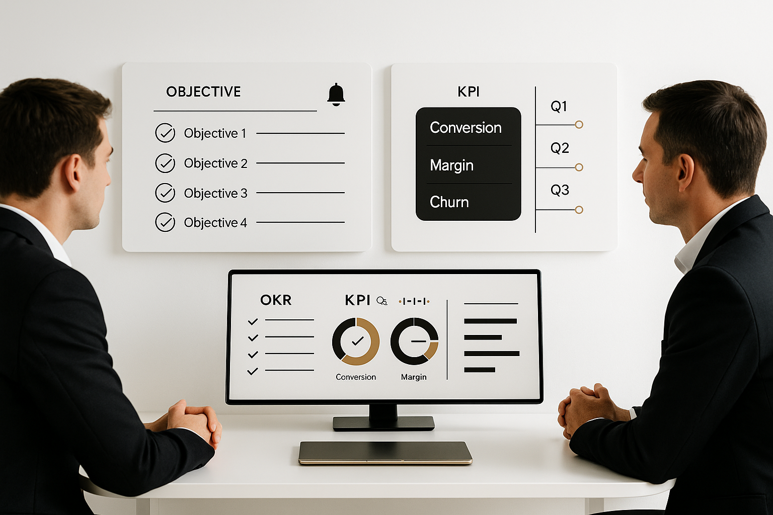 OKRs y KPIs OKRs y KPIs con tablero trimestral y dashboard en estilo minimalista blanco/negro/dorado.