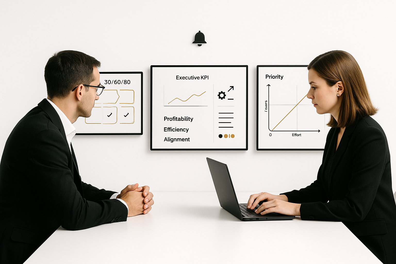 Acompañamiento ejecutivo Concepto minimalista de acompañamiento ejecutivo con roadmap 30/60/90 y panel de KPIs.