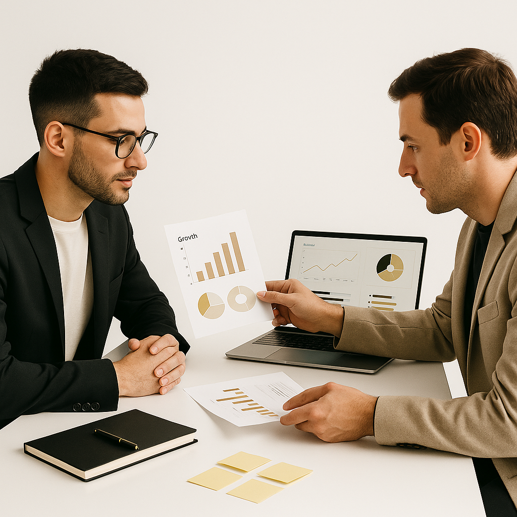 Pitch Deck y captación de inversión Consultor analizando métricas y diseñando un pitch deck profesional para captar inversión"