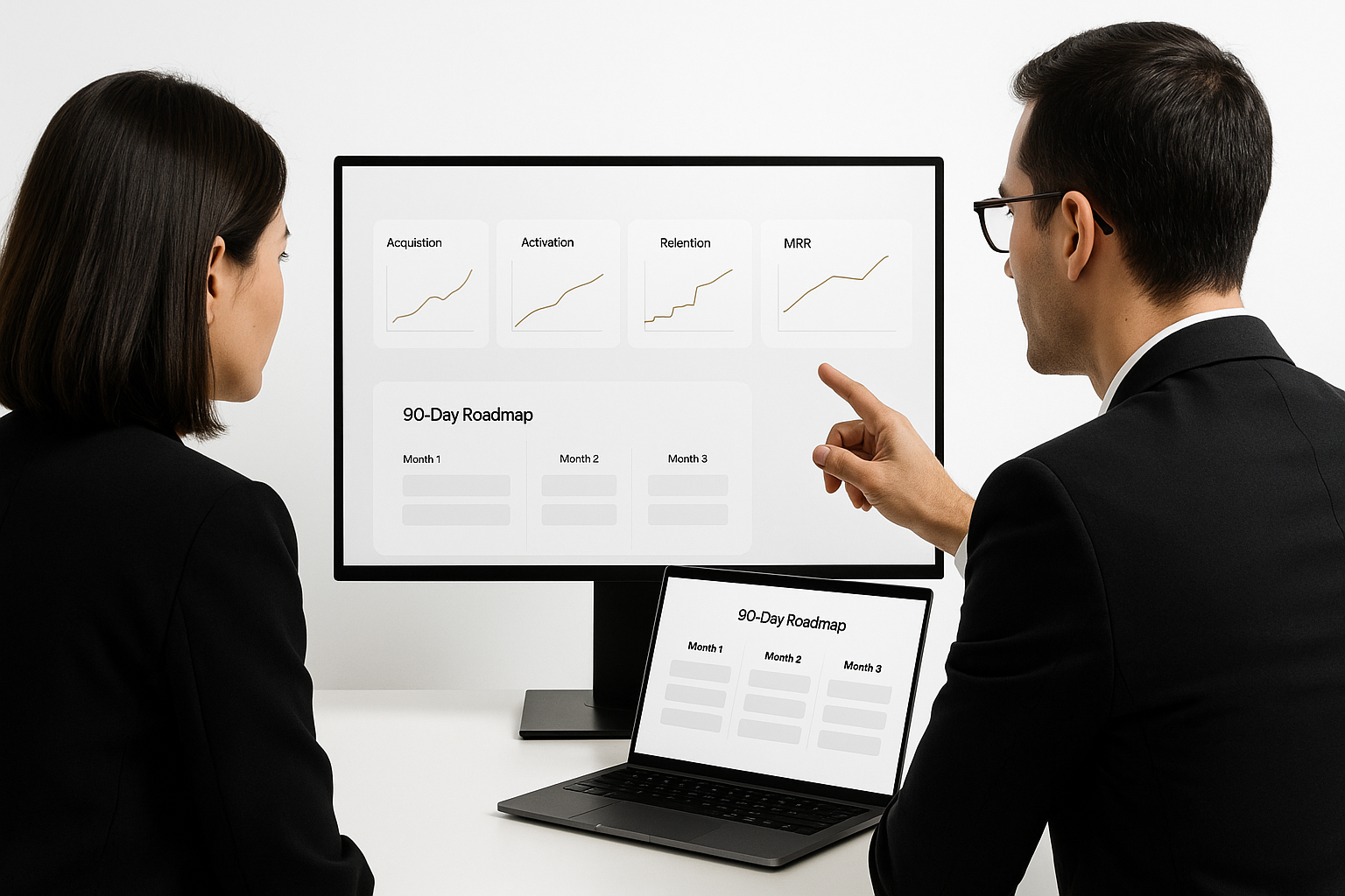 Mentoría de Crecimiento (Growth Mentoring) Mentor y fundador revisando roadmap de 90 días y KPIs para escalar una startup