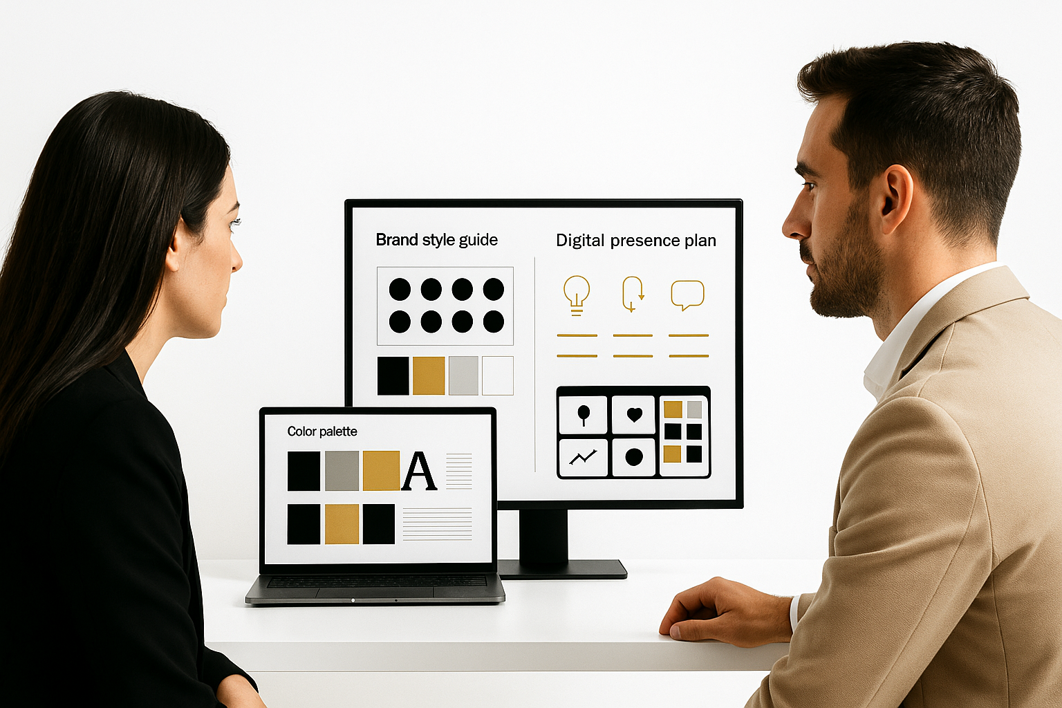 Desarrollo de marca y presencia digital Consultora y cliente revisan la guía de marca y el plan de presencia digital con paleta, tipografías y mockups sociales.