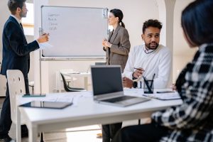 a group of people having a discussion