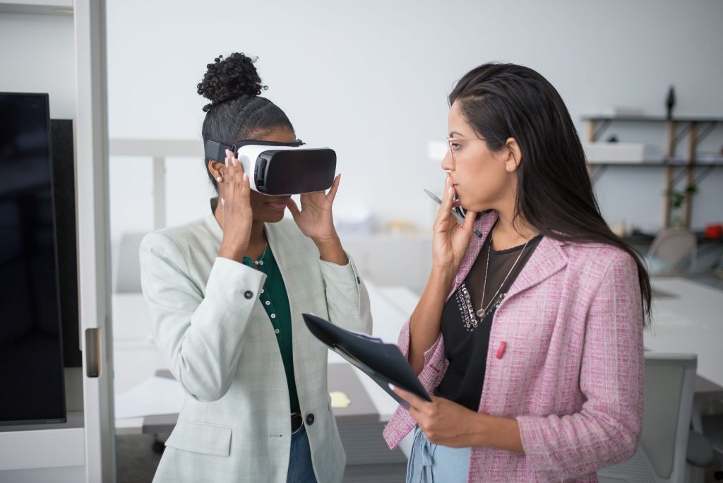 a woman wearing vr glasses