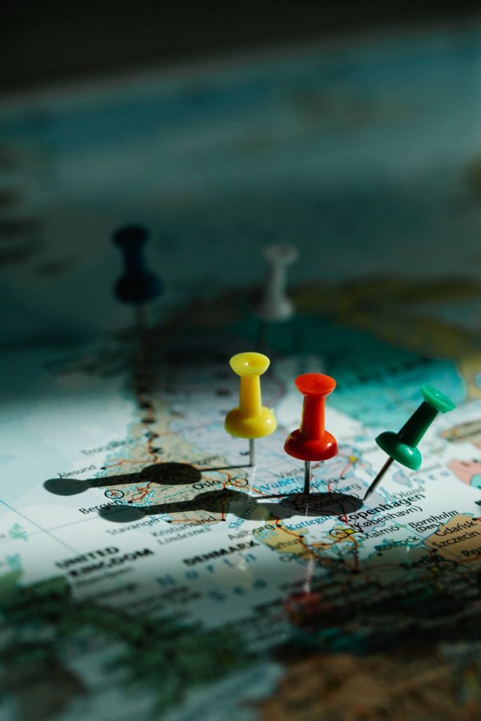 close up of pins on a map